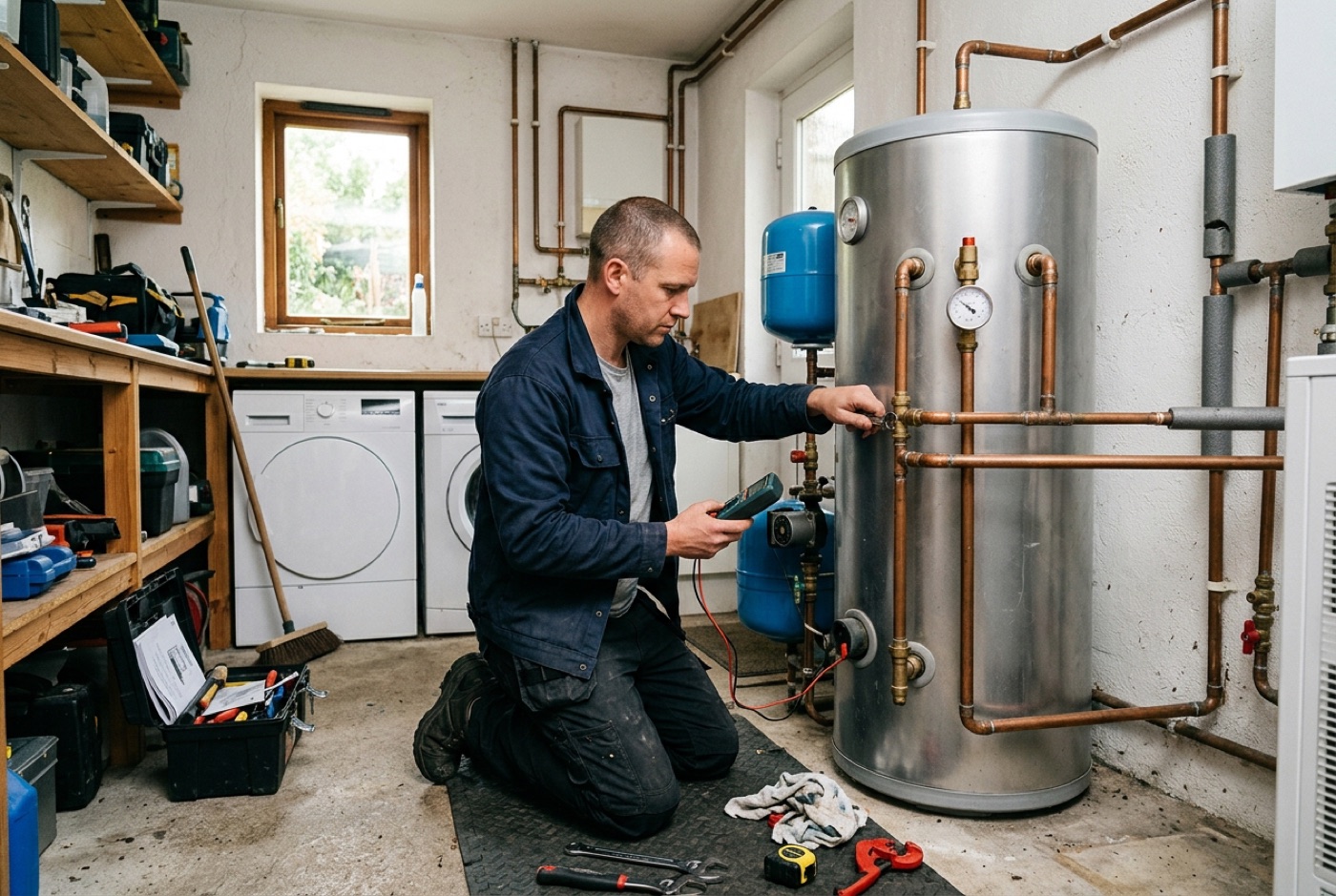 An installer commissioning an air source heat pump system in a UK home