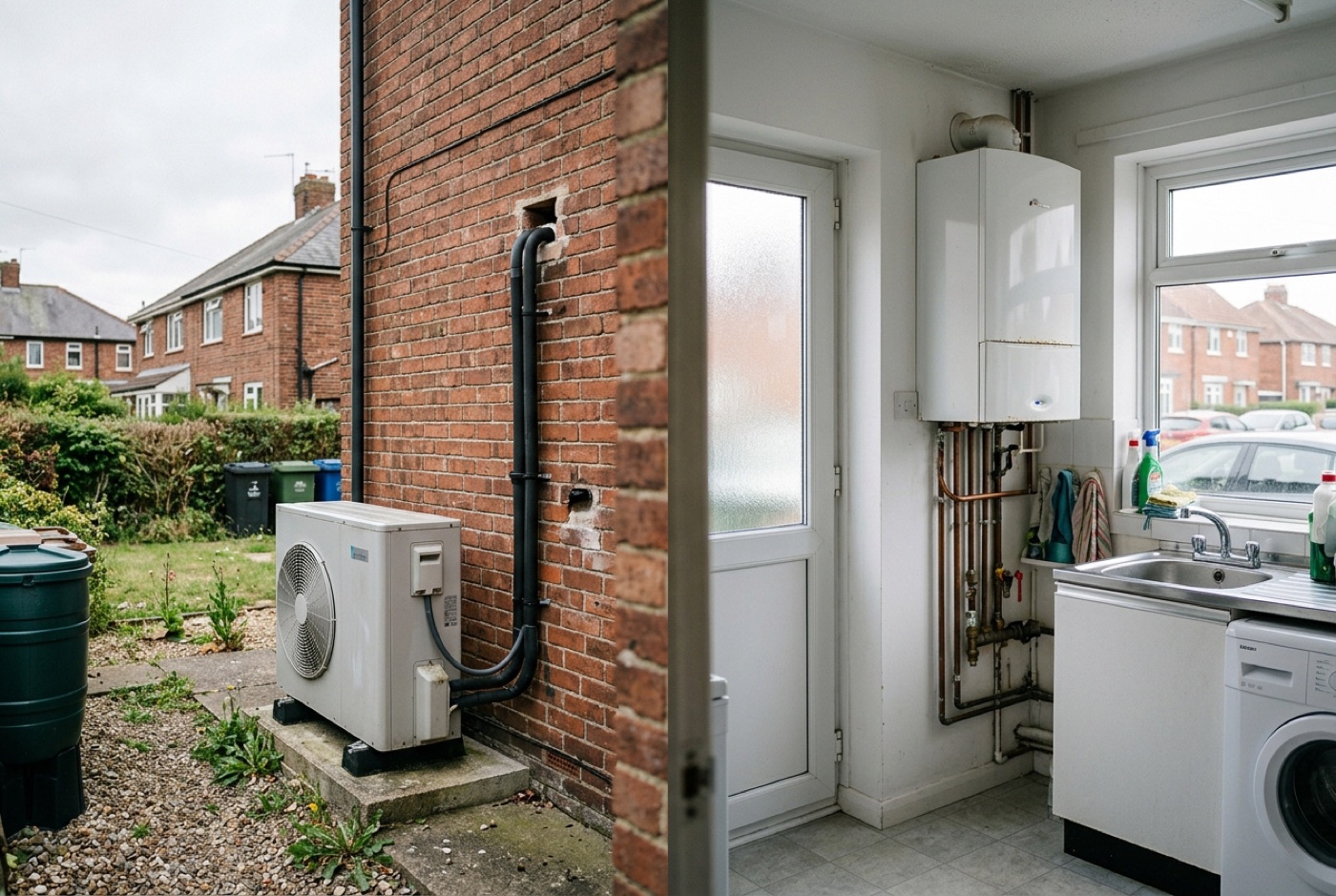 A heat pump and a gas boiler shown side by side for comparison