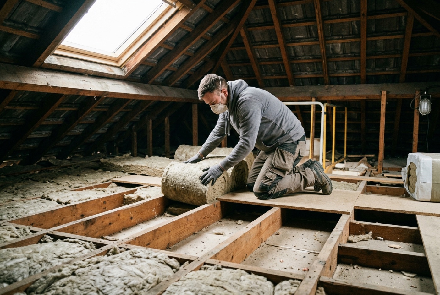 Mineral wool loft insulation laid between ceiling joists in a UK loft