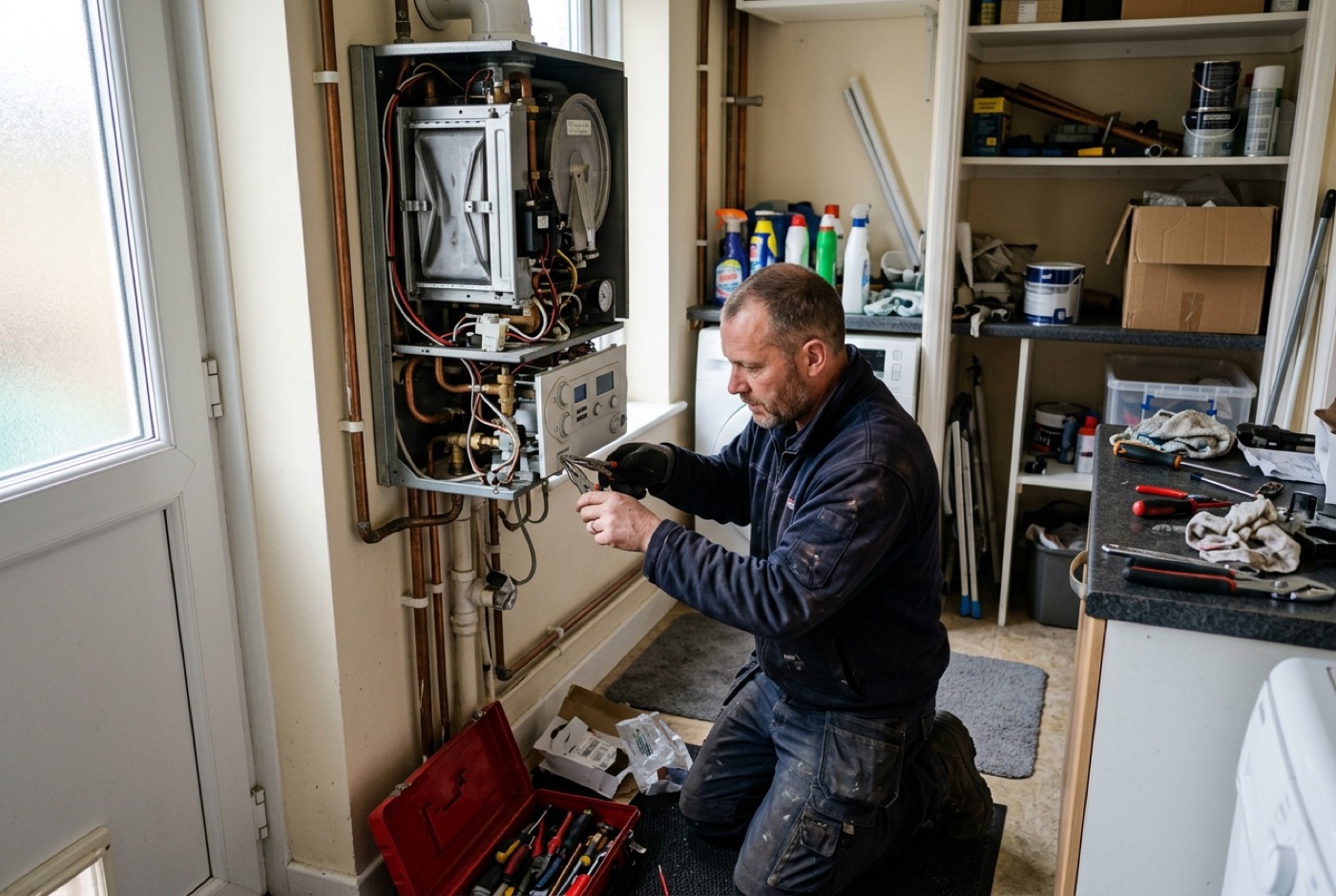 A Gas Safe engineer repairing a combi boiler in a UK home