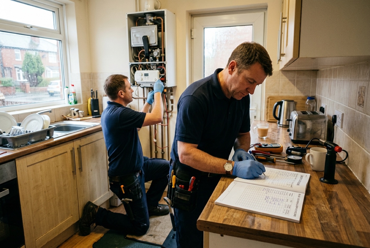 A Gas Safe engineer servicing a boiler and recording it in the manual