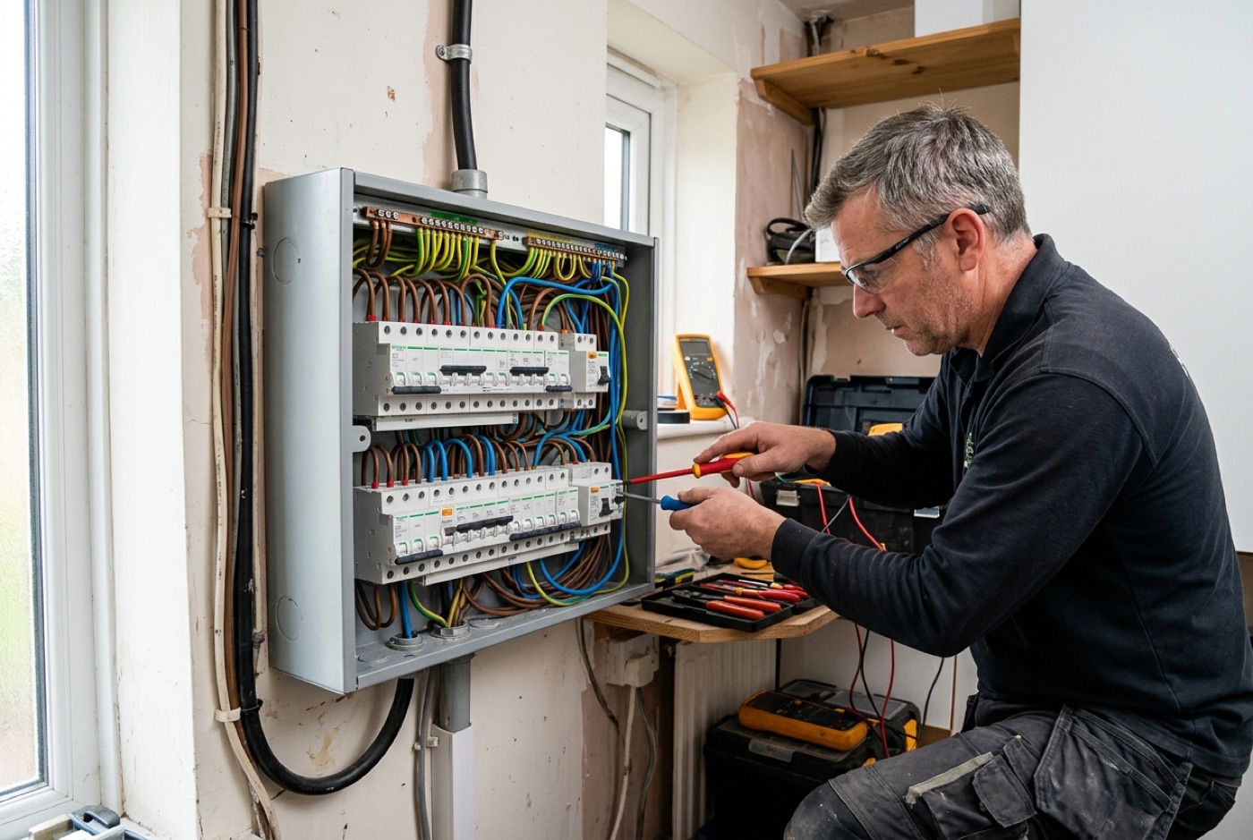 A modern metal consumer unit being upgraded in a UK home