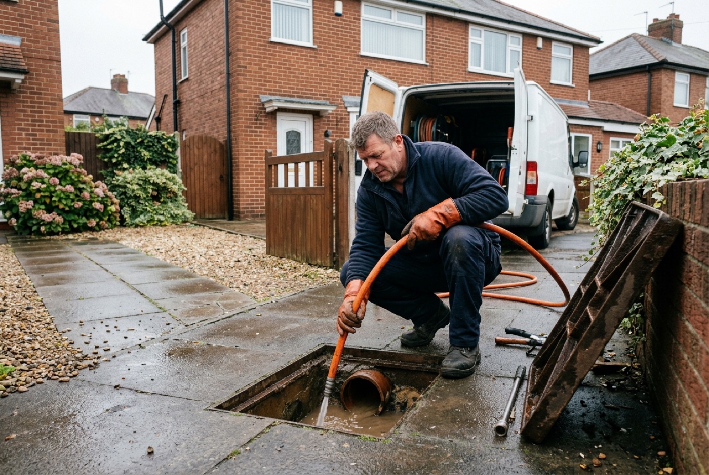 A drainage specialist clearing a blocked drain at a UK property