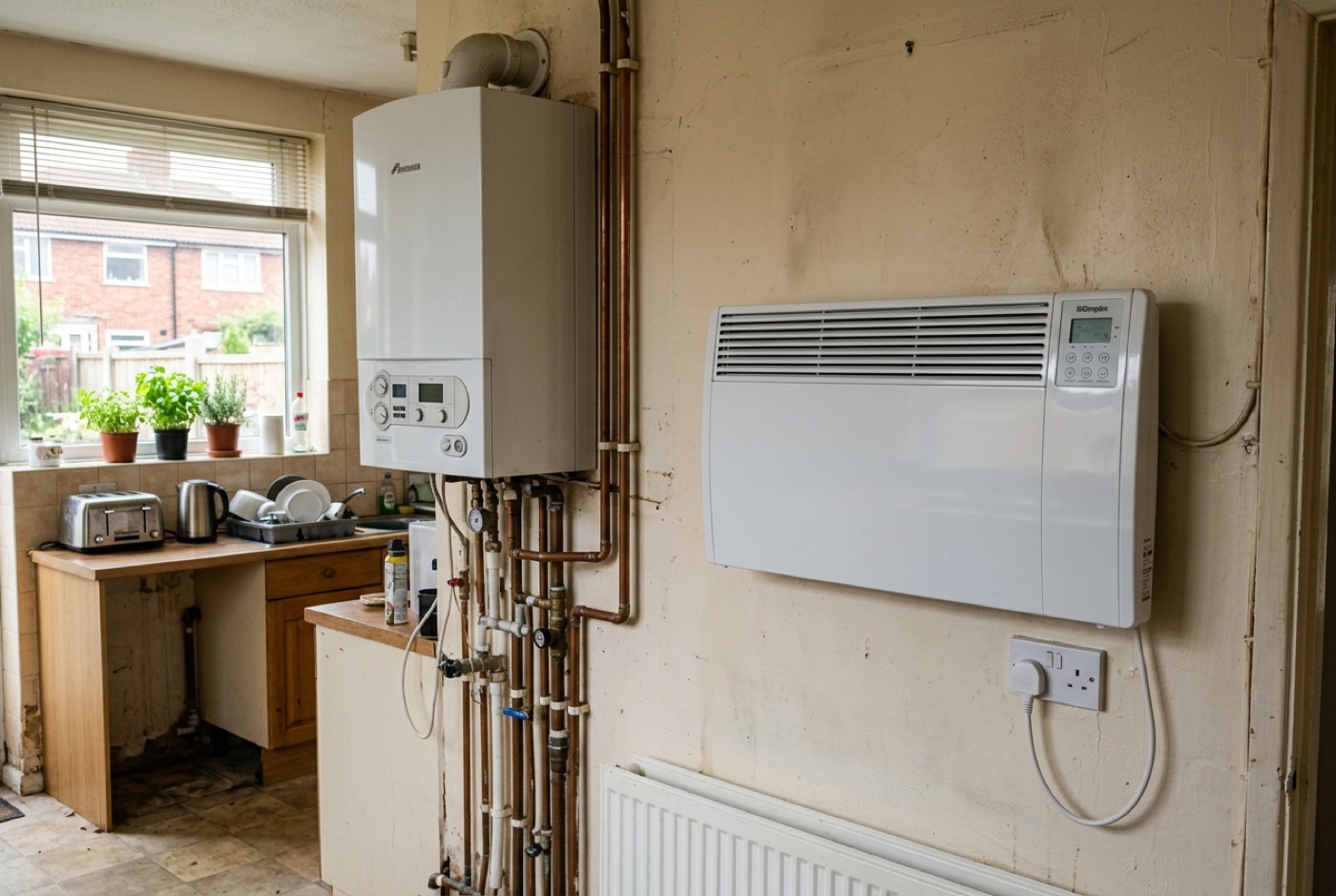 A gas boiler and an electric heater shown to compare running cost
