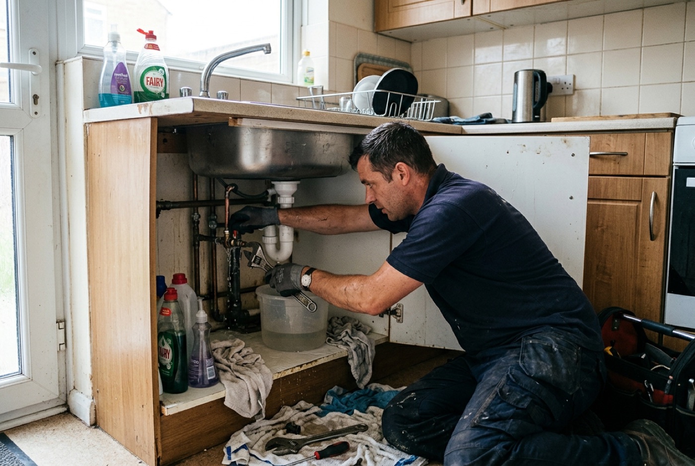 A plumber isolating a leaking pipe during an emergency callout