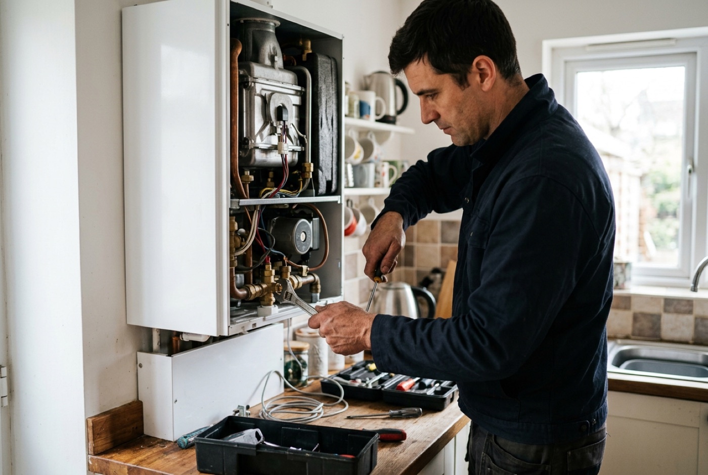 A Gas Safe engineer repairing a boiler in a Colchester home