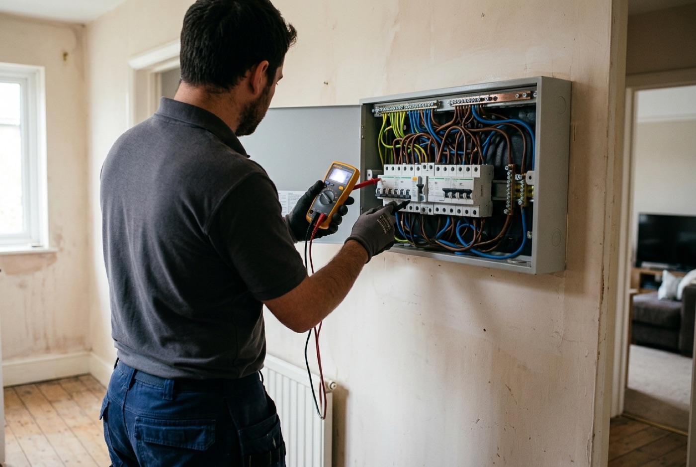 A registered electrician working at a consumer unit in a Colchester home