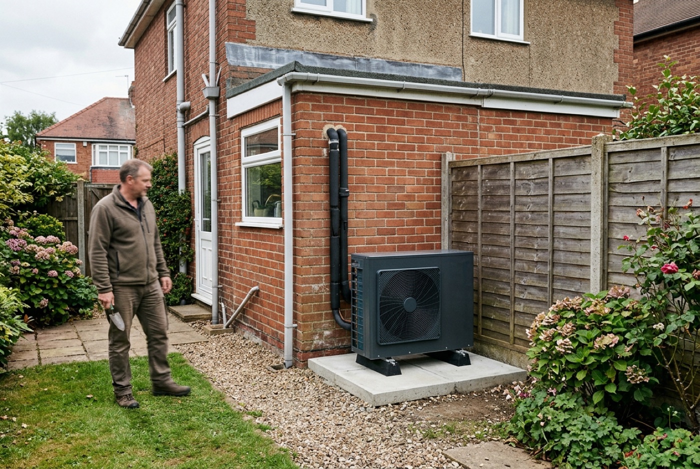 An air source heat pump positioned to meet MCS 020 noise rules beside a UK home