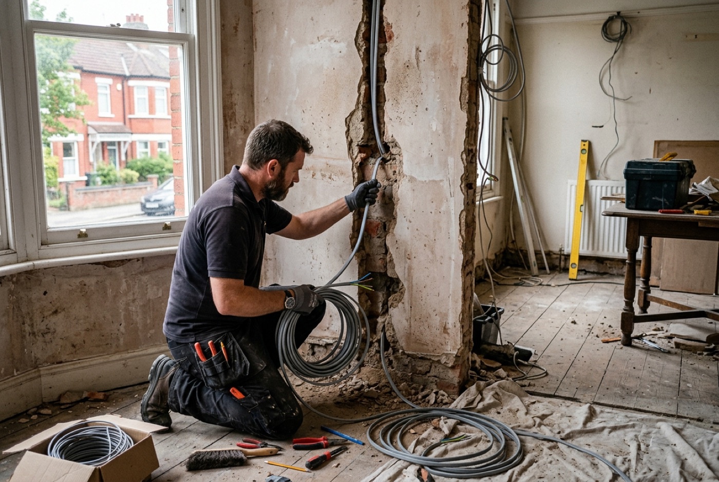 An electrician fitting new wiring during a UK house rewire