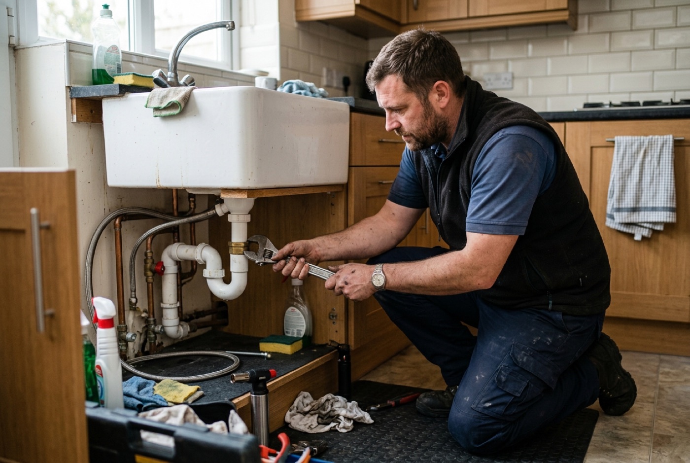 A vetted plumber carrying out work in a UK home